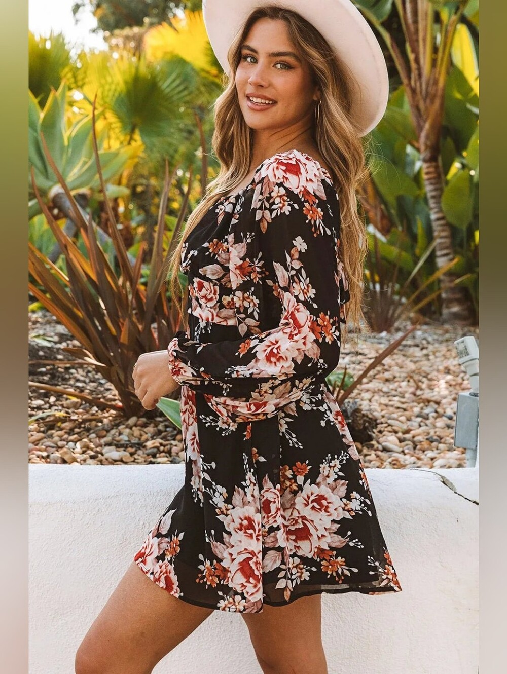 Black Floral Long Sleeve Mini Dress With Tie Back - Picture 4 of 6